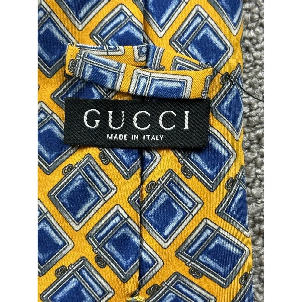 Vintage Gucci Tie Men Yellow Blue Geometric Diamond 100% Silk Italy Made Preppy‎